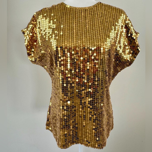 Medium 1990s Oleg Cassini Shirt Multicolored Sequin Formal Long Sleeve Eveningwear